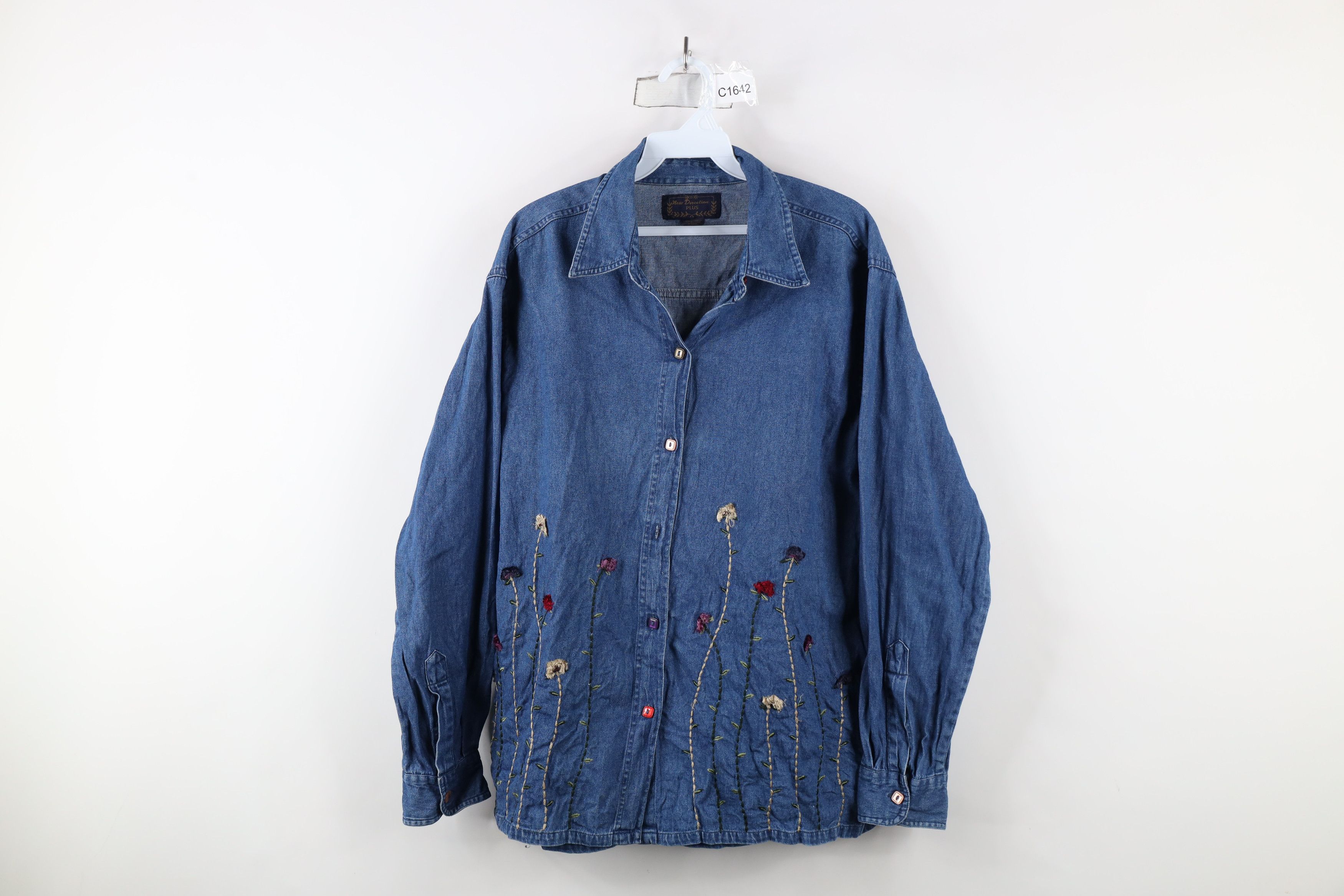 Vintage Vintage 90s Streetwear Flower Denim Jean Button Shirt Size XL / US 12-14 / IT 48-50 - 1 Thumbnail