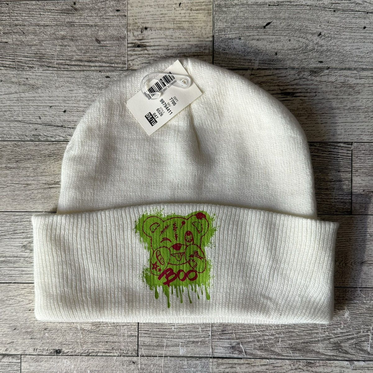 Aeropostale Upcycled, Neon Boo Bear, Knitted Ivory Beanie, Unisex Size ONE SIZE - 2 Thumbnail