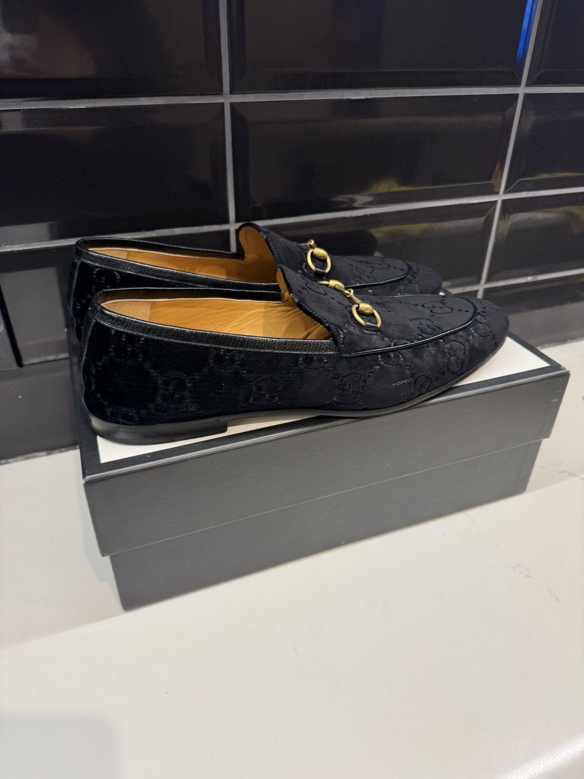 Gucci Gucci JordaanGG Velvet Loafers Black Monogram Gold Horsebit Size US 13 / EU 46 - 6 Thumbnail