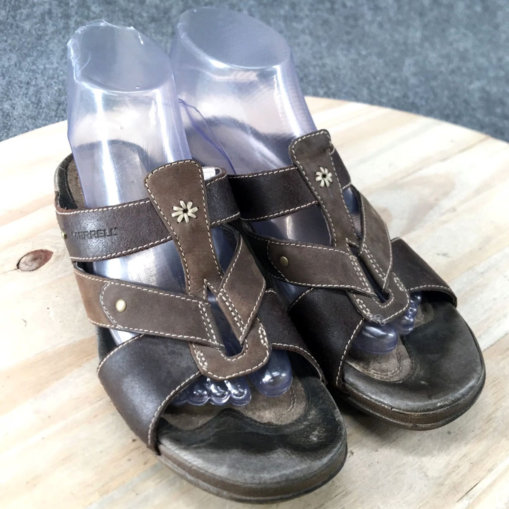 Merrell Merrell Sandals Womens 7 Luxe Slide Coffee Leather Open Toe Cone Heels Size US 7 / IT 37 - 3 Thumbnail