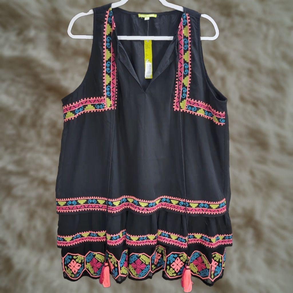 Vintage Gianni Bini Black Embroidered Layered Shift Dress Sleeveless L NWT Boho Polyester Dress Women's Shift Embroidered Gianni Bini Black Sleeveless NWT Size L / US 10 / IT 46 - 1 Thumbnail