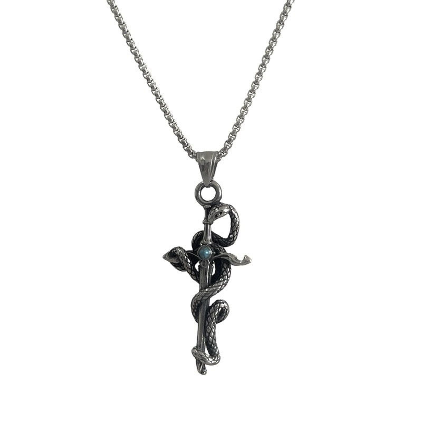 Jewelry Silver Snake & Cross - Blue Gemstone Pendant Necklace Size ONE SIZE - 6 Thumbnail