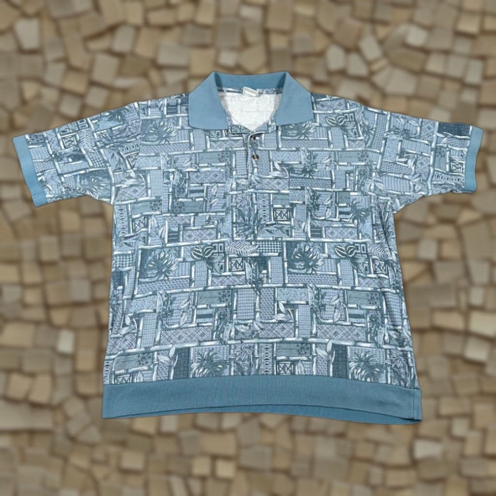 Haband VINTAGE Haband Polo Shirt Adult LARGE Blue Bamboo Geometric Leaves Banded 90s Mens Size US L / EU 52-54 / 3 - 1 Thumbnail