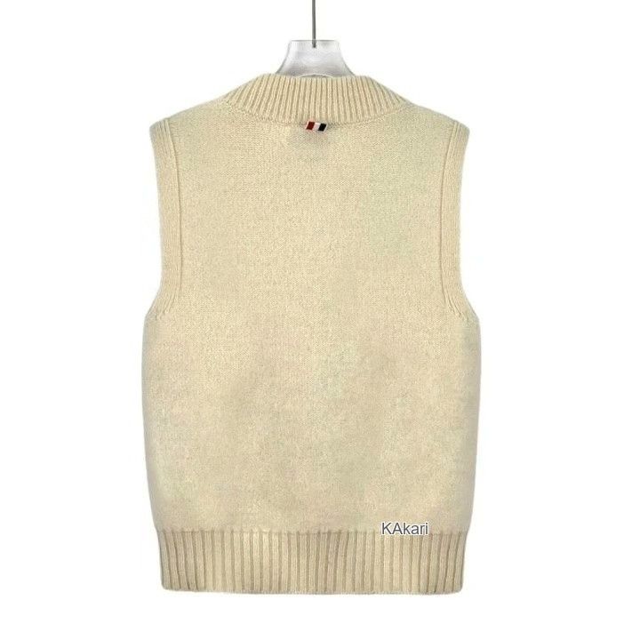 Thom Browne THOM BROWNE Beige Striped Wool V-Neck Sleeveless Knit Vest Size US M / EU 48-50 / 2 - 2 Thumbnail
