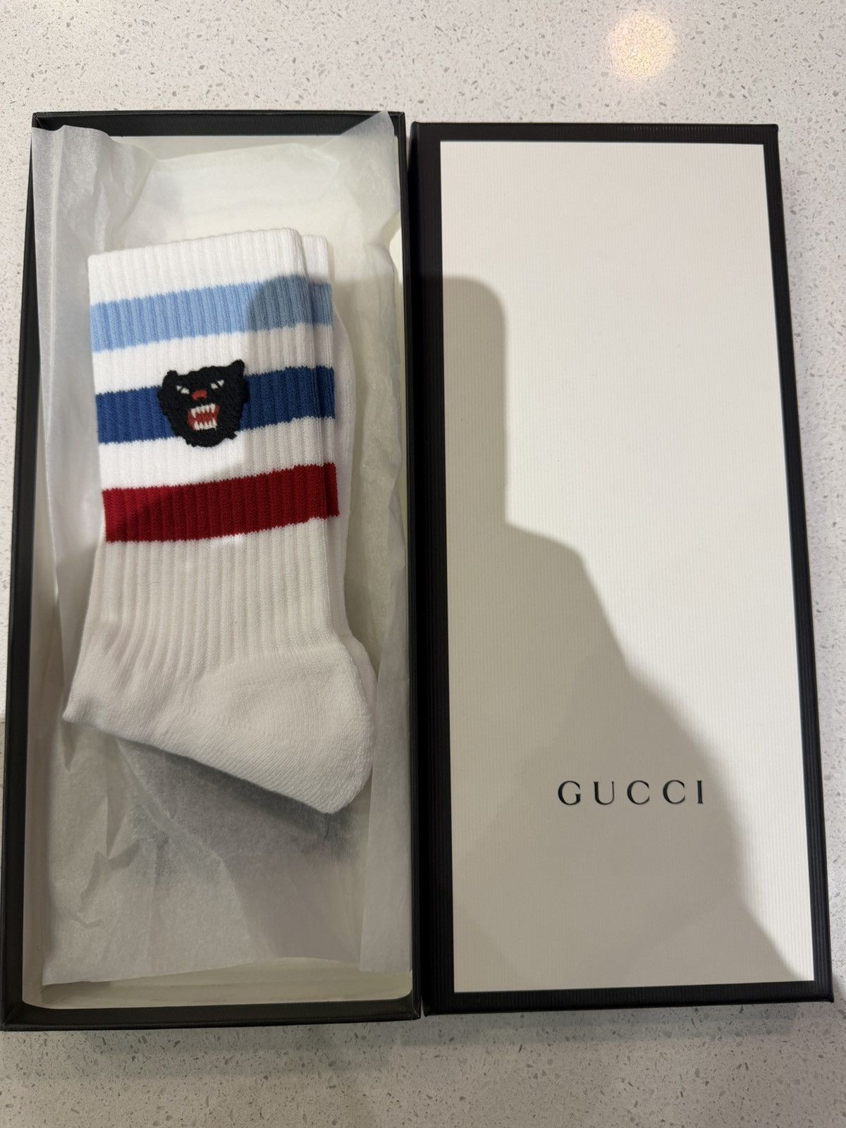 Gucci Gucci Socks Panther Logo White Blue Striped Size ONE SIZE - 8 Thumbnail