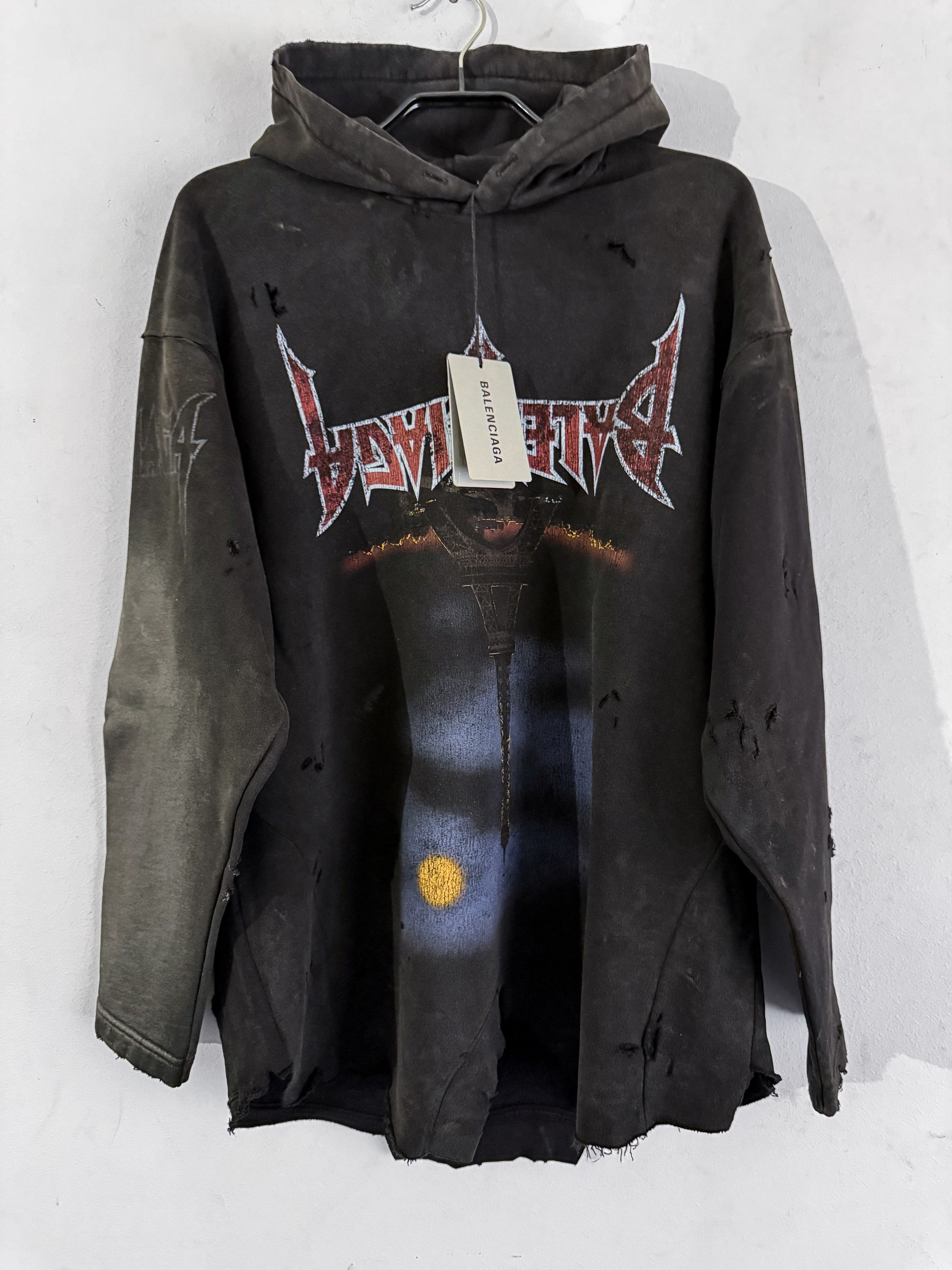 Balenciaga Oversized Distressed Printed Cotton-Jersey Hoodie Size US S / EU 44-46 / 1 - 4 Thumbnail