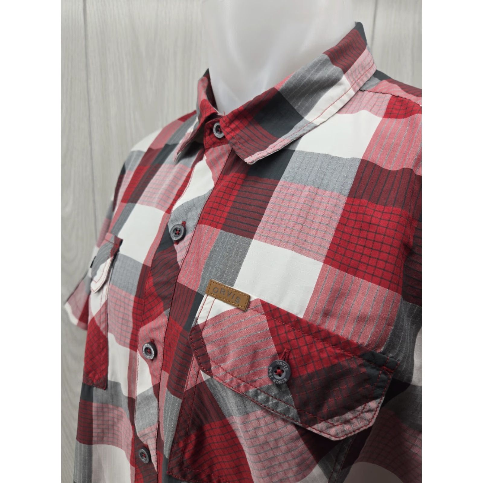 Orvis Orvis Shirt Mens XL Plaid Red Gray Short Sleeve Button Front Outdoor Casual Size US XL / EU 56 / 4 - 5 Thumbnail