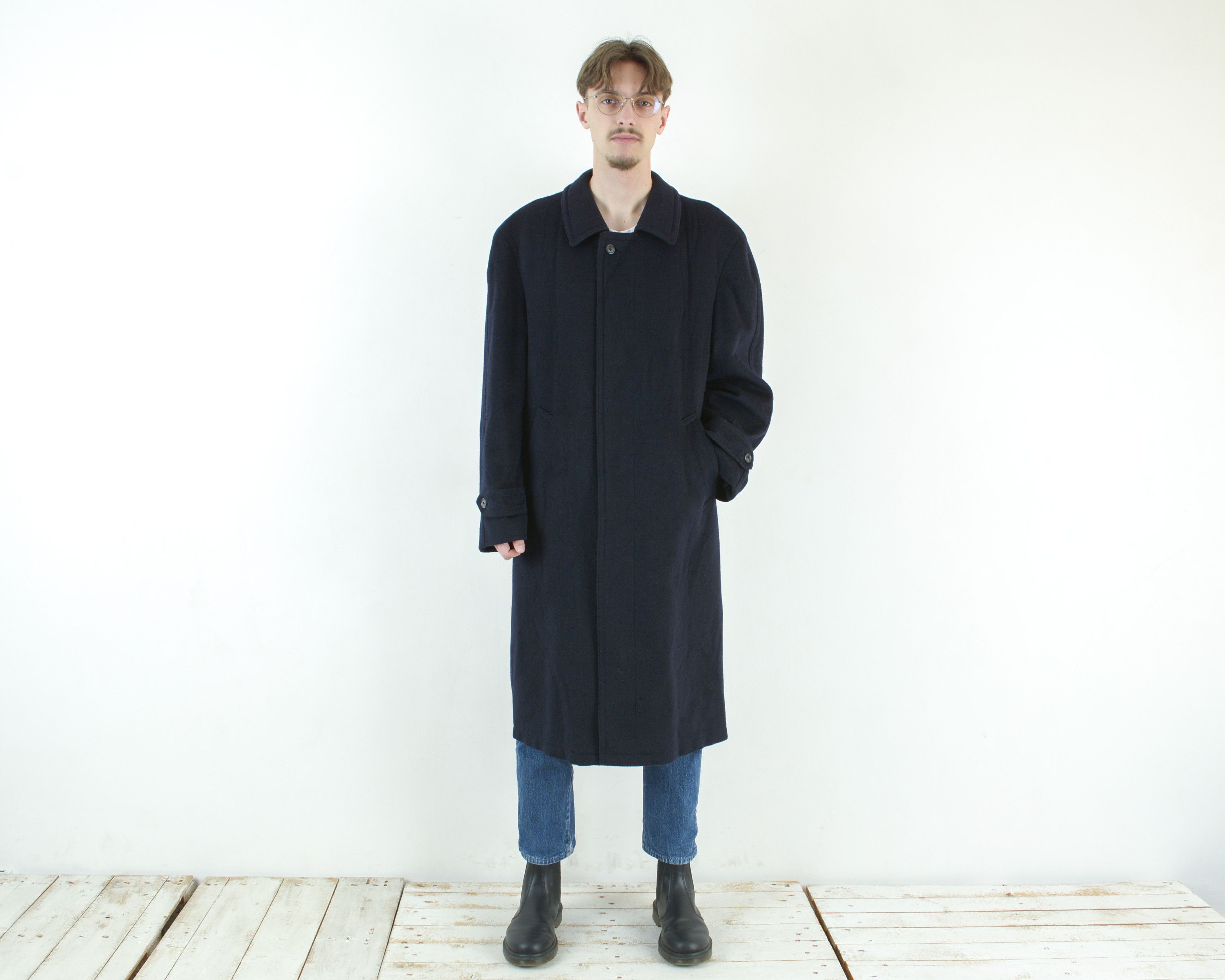 image of Vintage Z63 Steinbock M Cashmere Wool Trench Jacket Overcoat Coat in Navy, Men's (Size Medium)