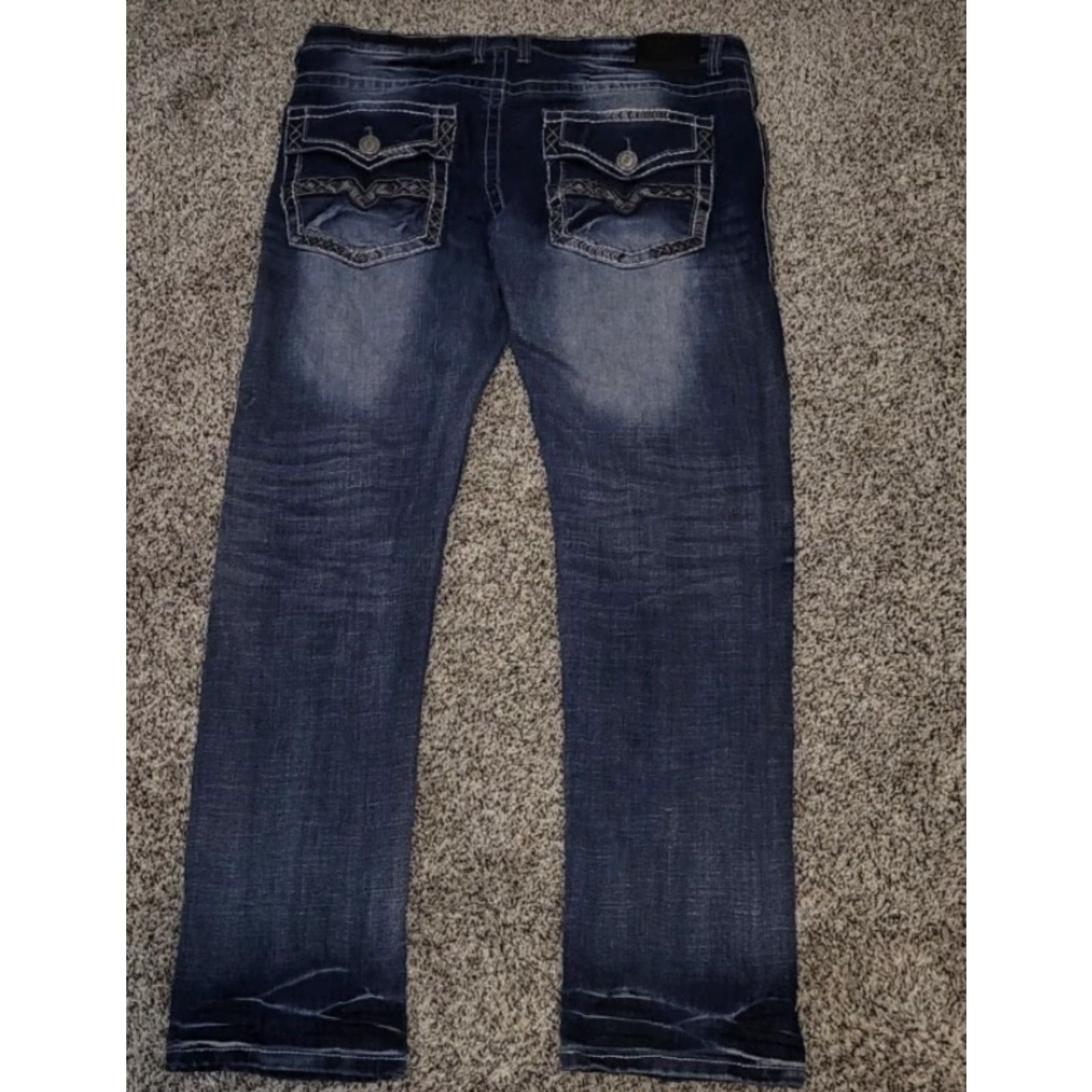 Denime GS 115 Men Jeans Blue 38x32 Embroidered Pockets Thick Stitch Dark Wash Denim Straight Regular Pocket Zipper Button 5-Pocket Design Mens Size US 38 / EU 54 - 2 Thumbnail