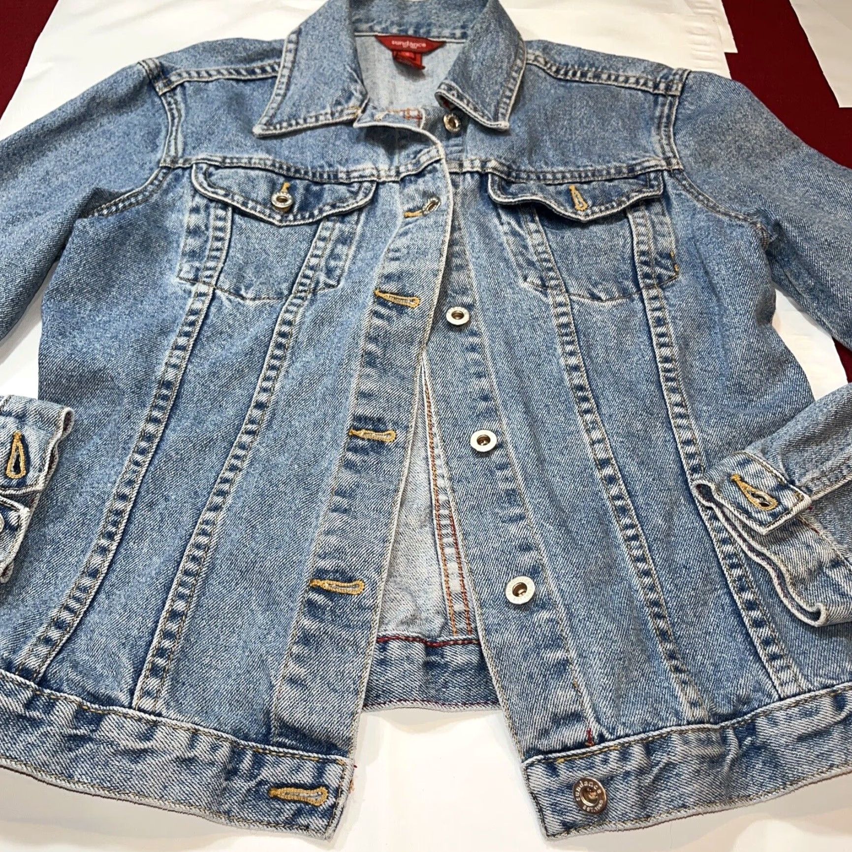 Vintage Sundance Denim Jacket Women Blue Cotton Cropped Button Up Jeans Small Western Trucker Coat Point Collar Regular Fit Vintage No Size 28" / US 6 / IT 42 - 3 Thumbnail