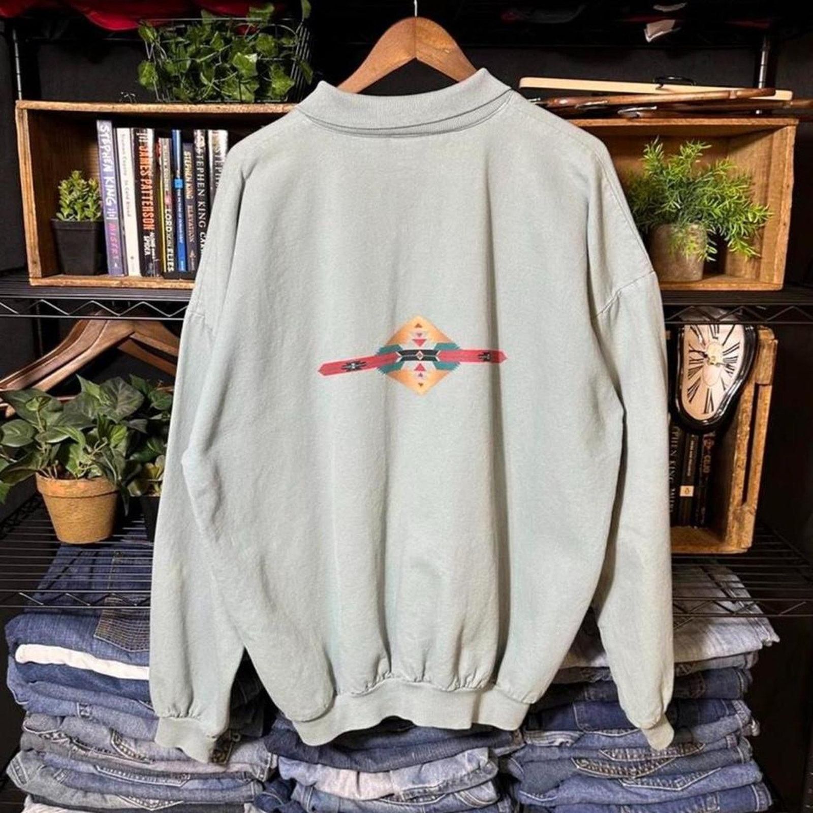 Wek Vintage 90s Native Tribal Print Crewneck XL Green Sweatshirt Size US XL / EU 56 / 4 - 2 Thumbnail