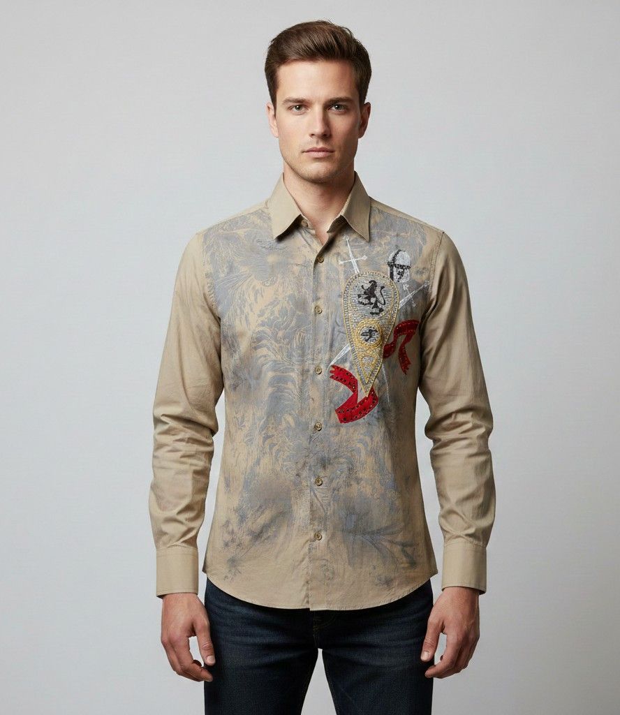 Vintage MONDO Men M Casual Shirt Beige Cotton Lycra 3229 Size US M / EU 48-50 / 2 - 1 Thumbnail