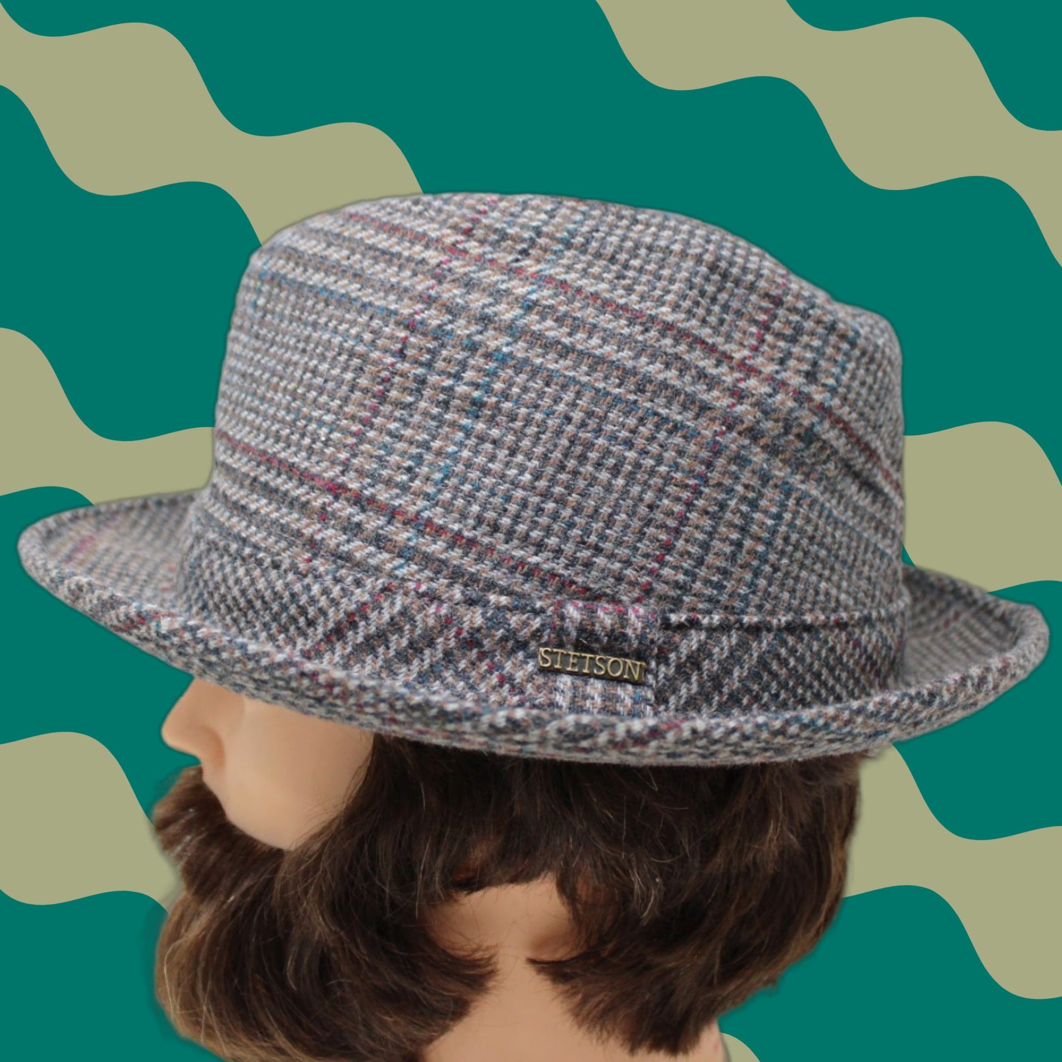 VINTAGE Stetson Fedora Hat Mens 7 1/4 Wool Blend Plaid Gray Red Classic