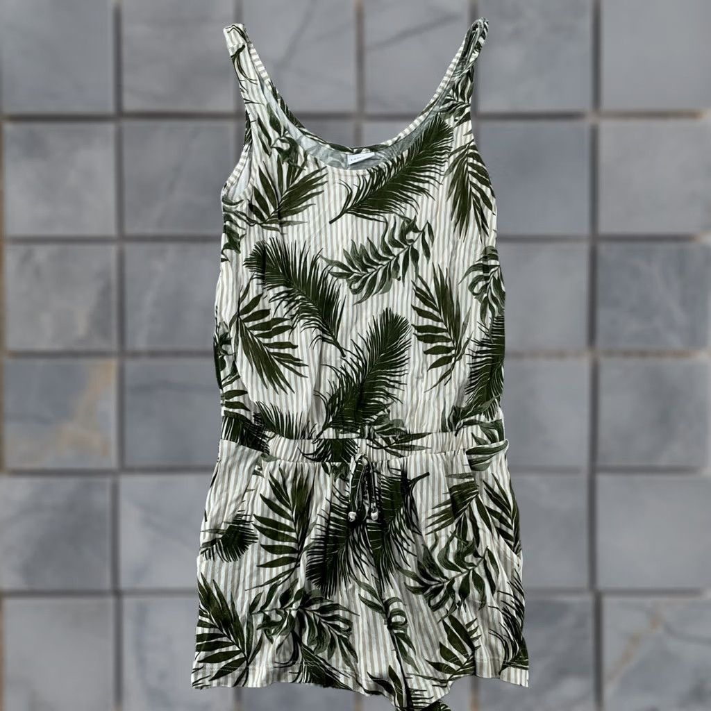 Vintage LASCANA Romper Green White Tropical Palm Leaf Sleeveless Drawstring Womens 2 Size 26" / US 2 / IT 38 - 1 Thumbnail