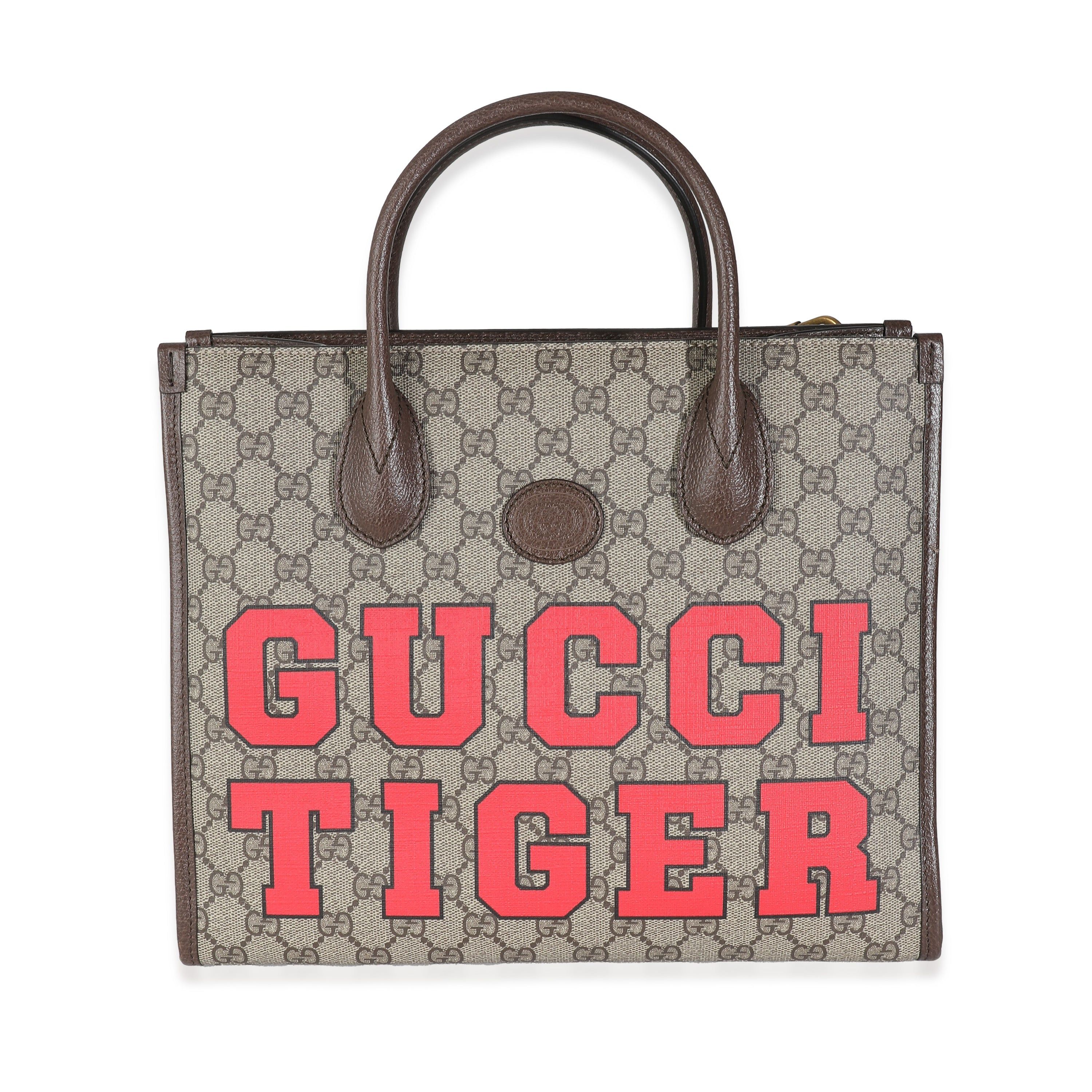 image of Gucci Beige GG Supreme Monogram Small Tiger Tote in Gold, Women's