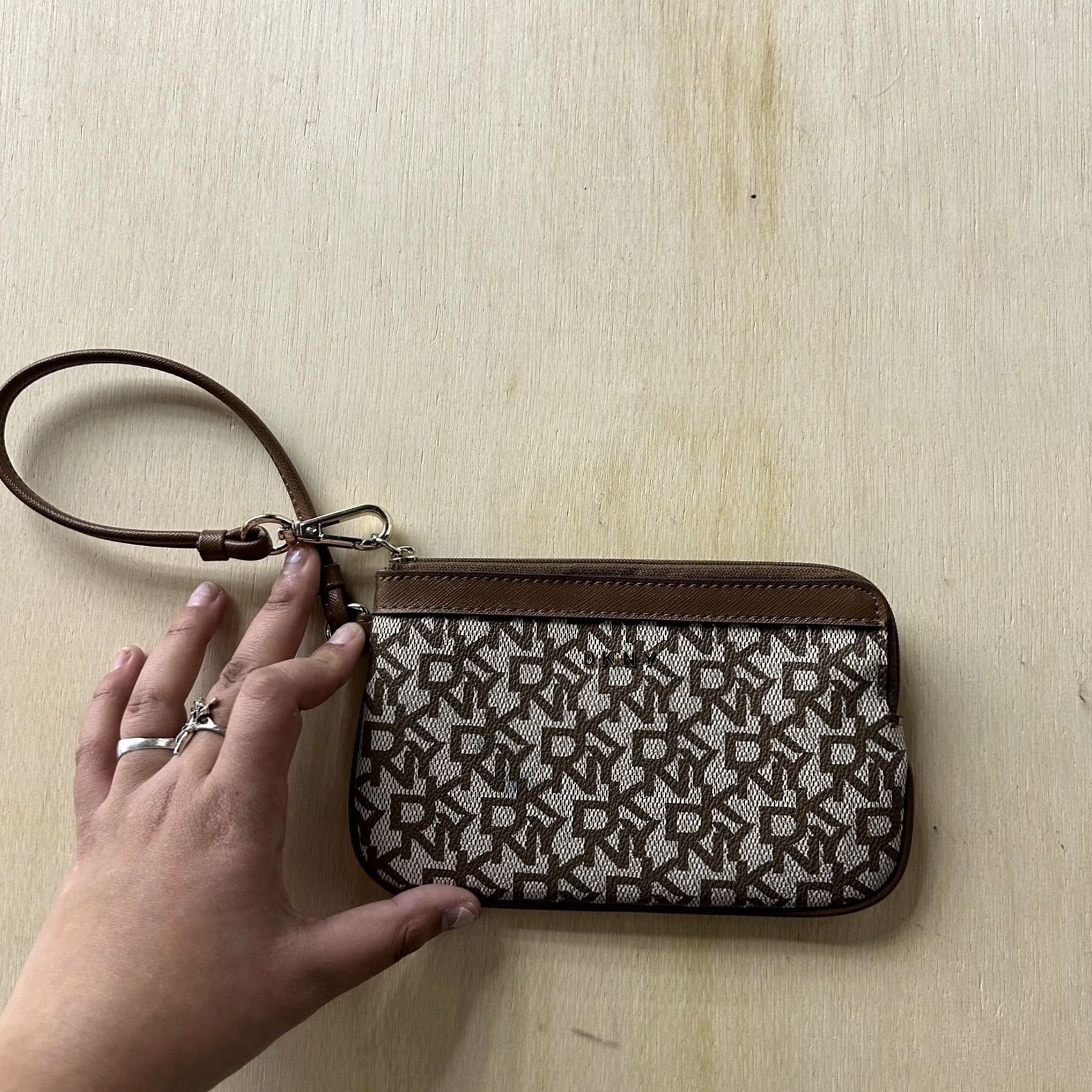 DKNY DKNY Clutch Bag Womens Small Brown Logo Canvas Leather Zip Wristlet Pouch Size ONE SIZE - 2 Thumbnail