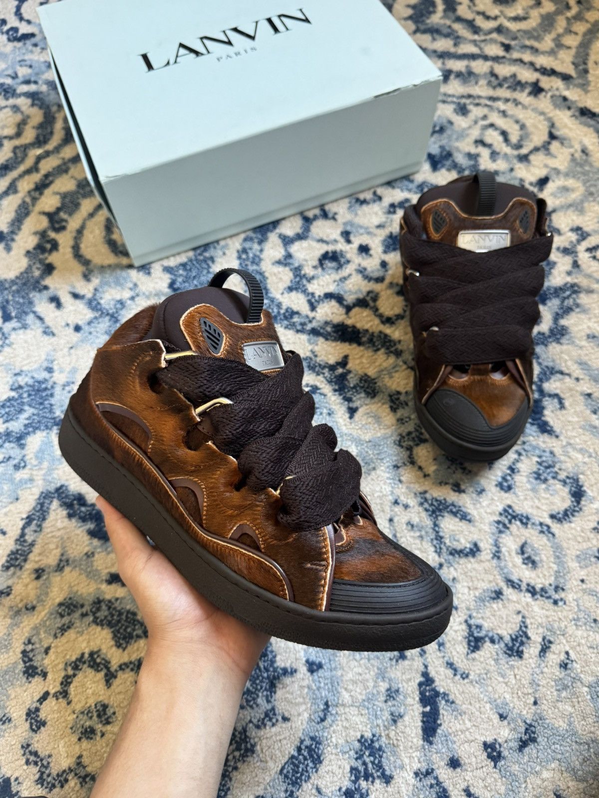 Lanvin curb brown pony hair effect sneakers