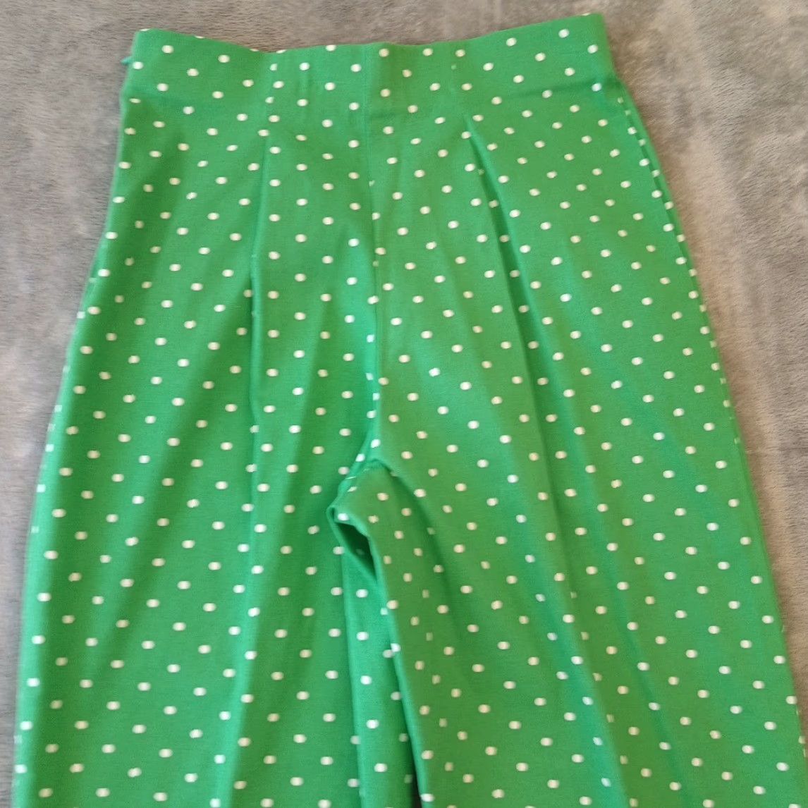 Vintage Briggs New York Capri Pants Womens 6 Green Polka Dot High Rise 28x22.5 Cotton Spandex Straight Pleated Inseam 22.5 Zip Pants Mens Womens? Size 28" / US 6 / IT 42 - 7 Thumbnail