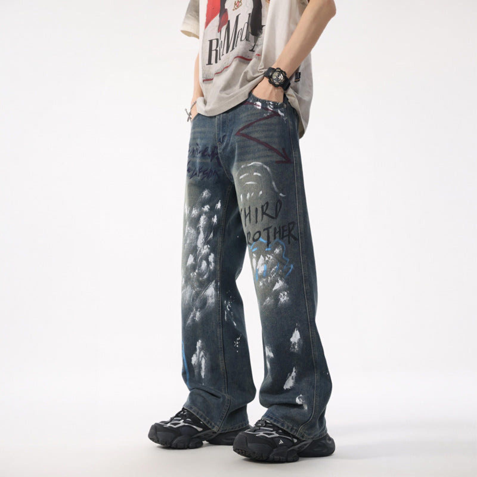 Jean Blue Relaxed Fit Painted Effect Denim Jeans Size US 30 / EU 46 - 6 Thumbnail