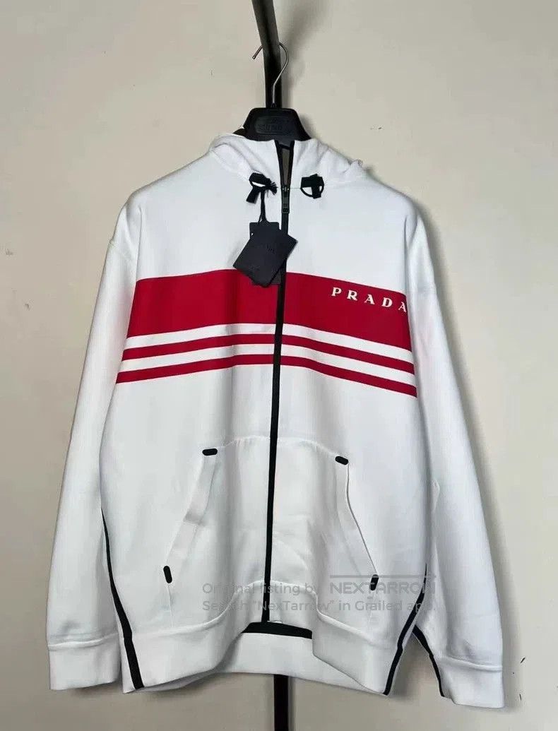 Prada Prada White Red Stripe Zip Hoodie. Size US XXL / EU 58 / 5 - 1 Thumbnail