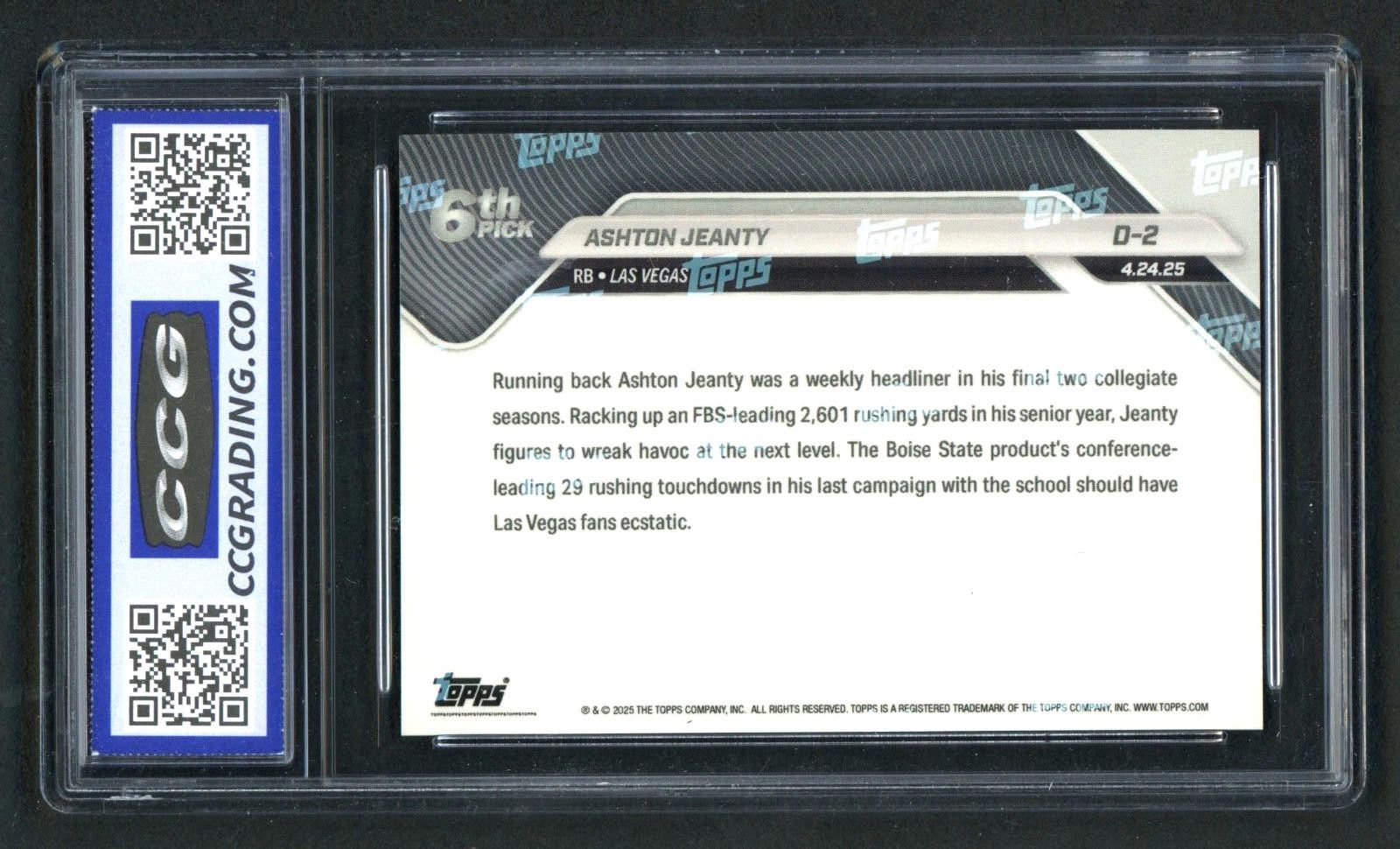 Other 2025 Topps Now #D-2 Ashton Jeanty Rookie (RC) Gem Mint 10 Size ONE SIZE - 2 Thumbnail