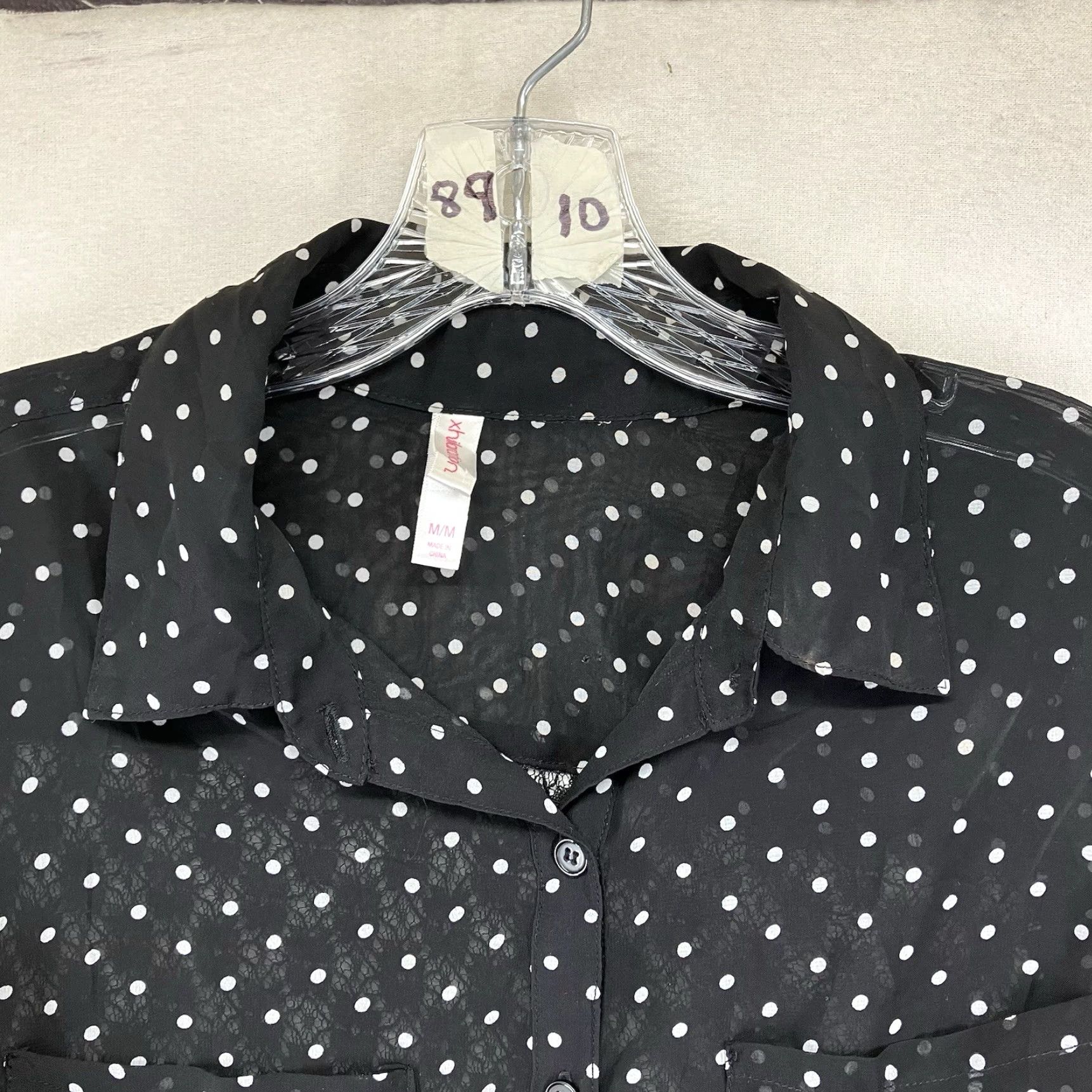 Vintage Women's Goth Top Medium Black & White Polka Dot Button Down Sheer Lace Back Size M / US 6-8 / IT 42-44 - 4 Thumbnail