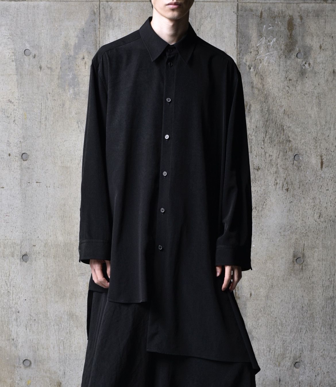 image of Groundy x Yohji Yamamoto Asymmetric Shirt Crepe in Black, Men's (Size Large)