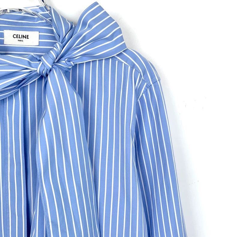 Celine Blue Striped Long Sleeve Shirt with Bow Tie Size US XS / EU 42 / 0 - 3 Thumbnail
