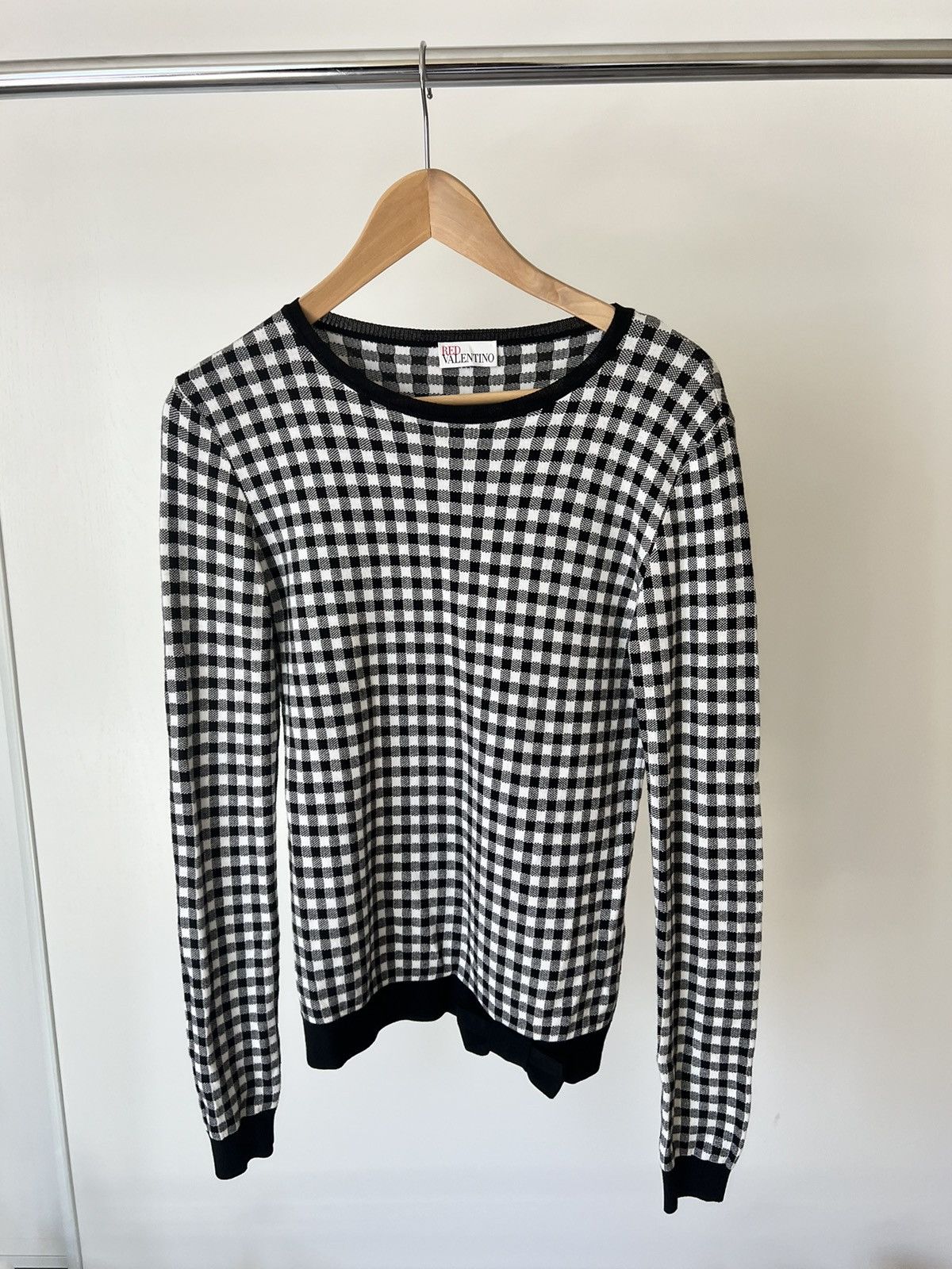 RED Valentino Red Valentino | Black & White Checked Gingham Plaid Sweater Size ONE SIZE - 1 Thumbnail