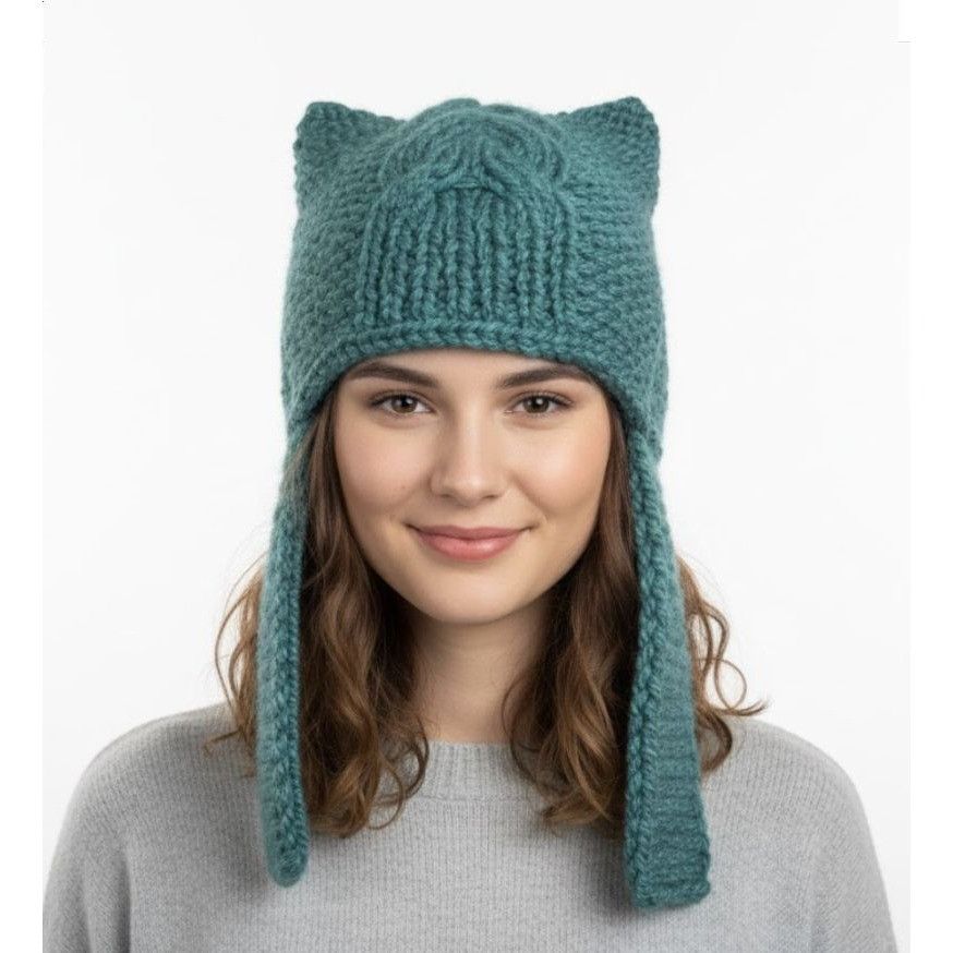 Other ⭐Silky Hand-Knit Teal Blue Cat Ear Earflap Winter Beanie Hat Size ONE SIZE - 1 Thumbnail