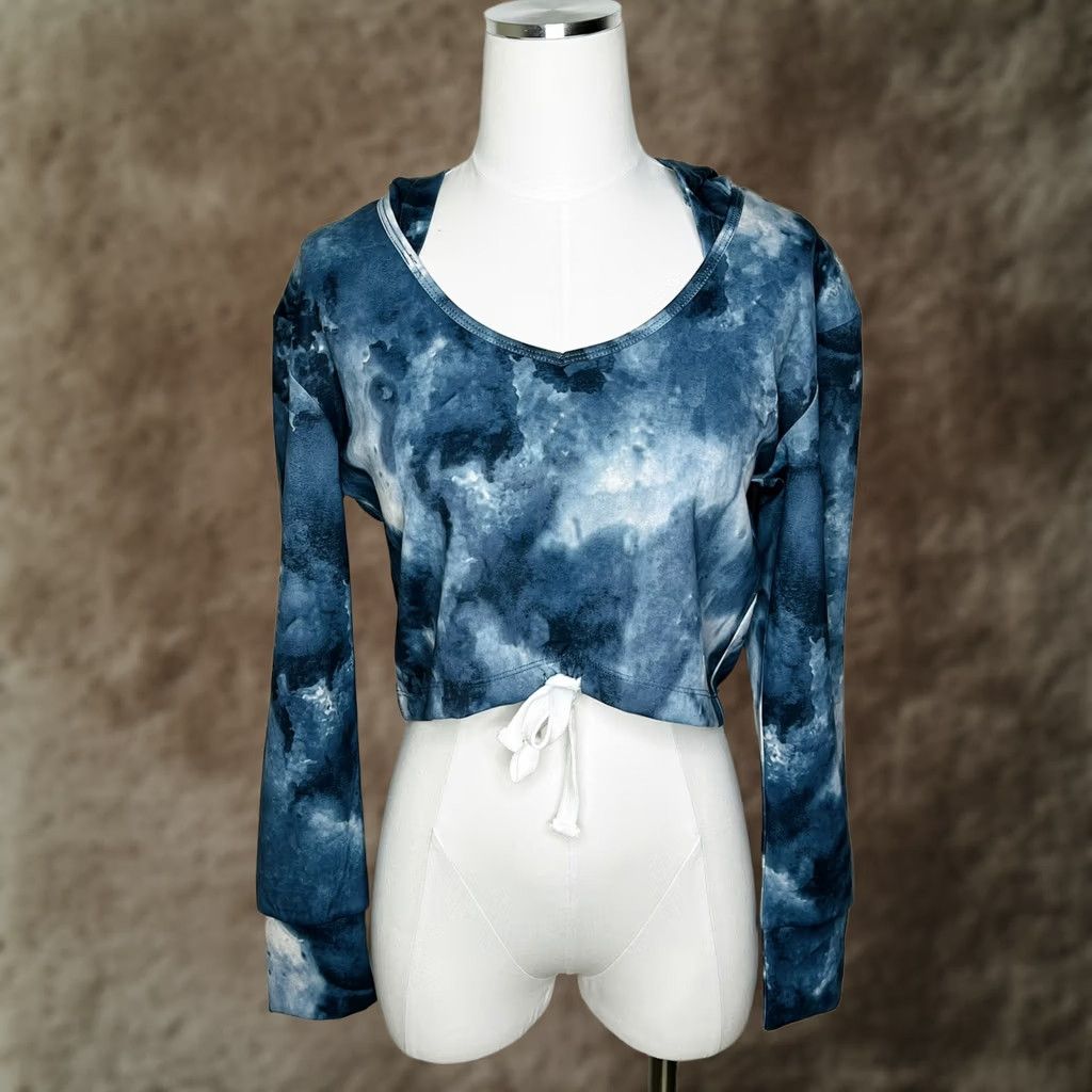 Vintage Echt Women’s Cropped Athletic Hoodie Blue Marled Size Small V Neck Tie Hoodie Womens, S, Blue, Athletic, Logo, Pullover, Activewear, Echt Australia Size S / US 4 / IT 40 - 1 Thumbnail