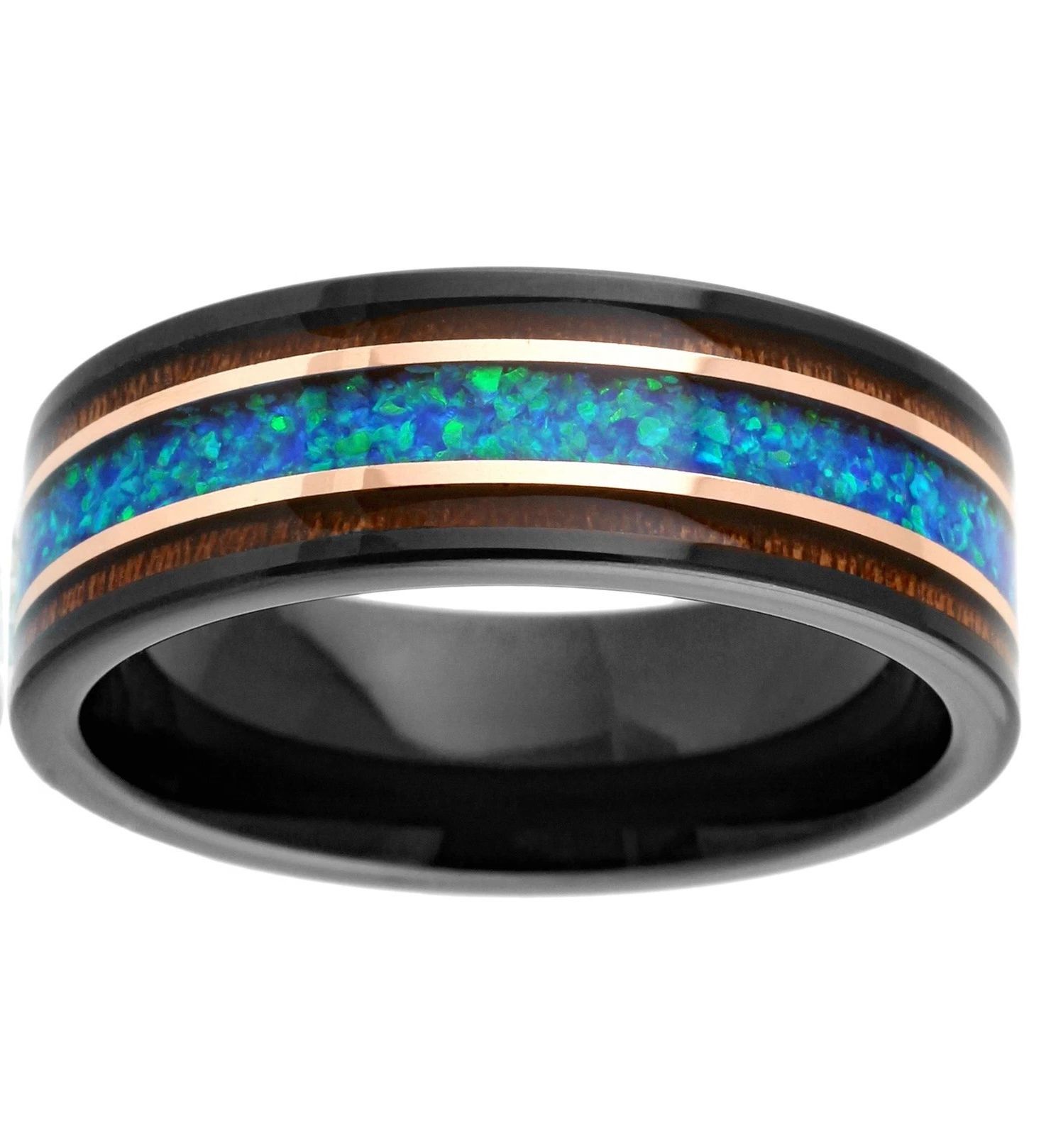 Other Black & Rose Gold Tungsten Carbide Ring Blue Opal Rosewood Size ONE SIZE - 1 Thumbnail