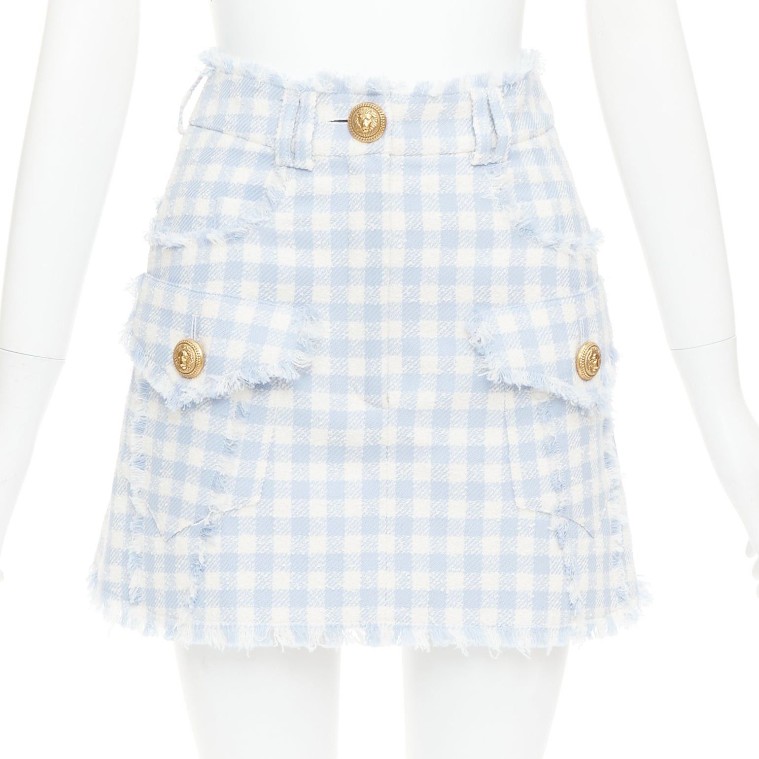 Balmain BALMAIN light blue white checked cotton tweed cargo pocket skirt FR34 XS Size 26" / US 2 / IT 38 - 1 Thumbnail