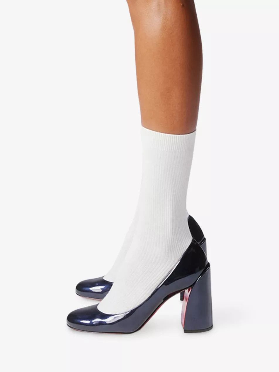 Christian Louboutin Miss Sab 85 Zaffiro Navy Blue Patent Block Heel Pump 37 Size US 7 / IT 37 - 7 Thumbnail