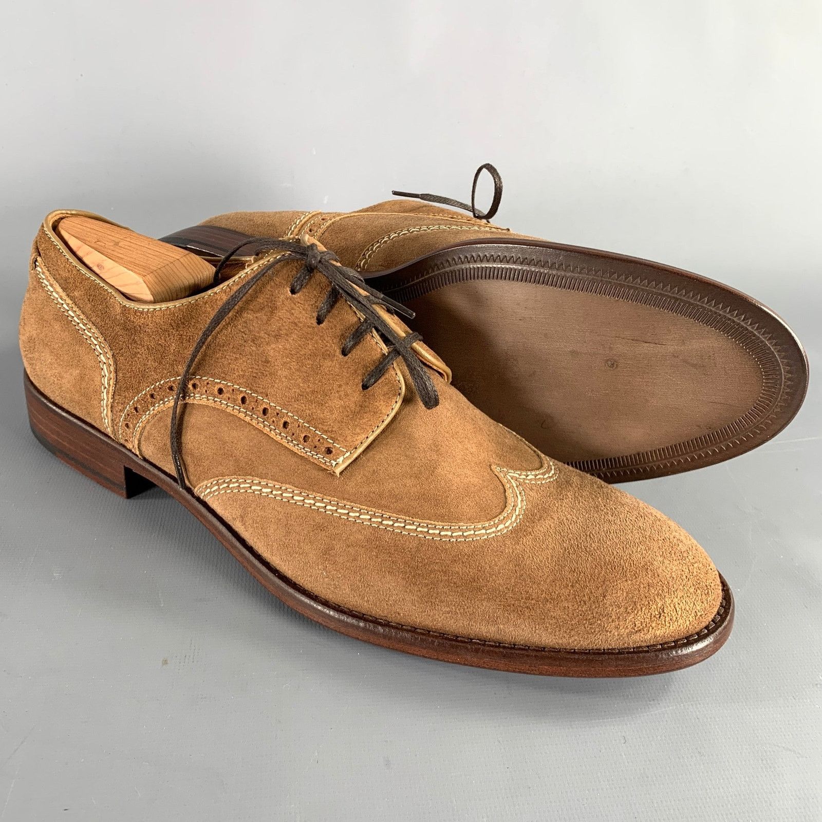 Johnston & Murphy 10 Brown Contrast Stitch Suede Wingtip Lace-Up Shoes Size US 10 / EU 43 - 5 Thumbnail