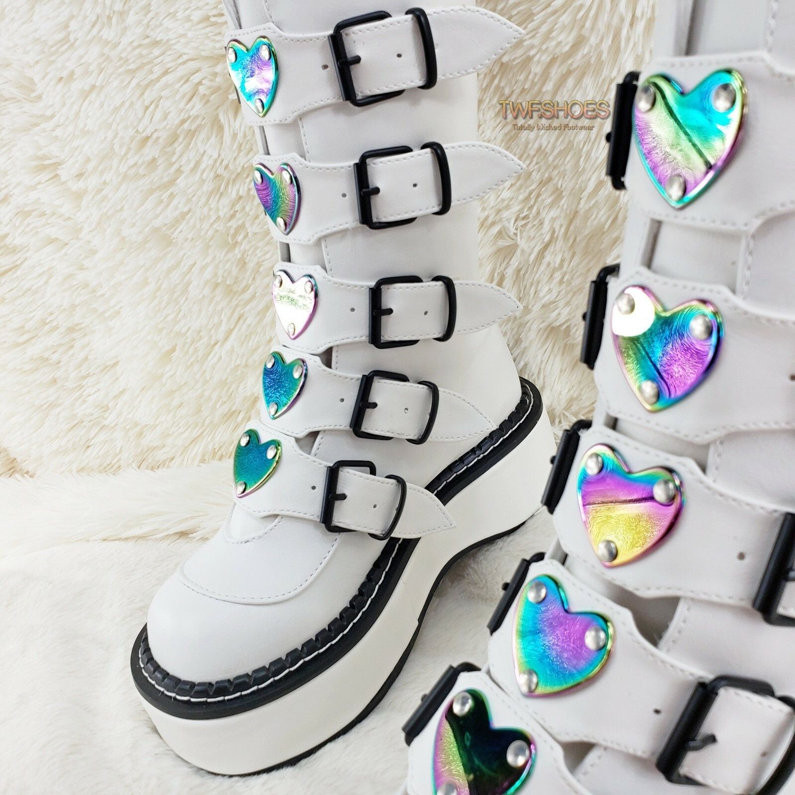 Demonia Cult DEMONIA Emily 330 White Matte 2" Platform Mid Calf Heart Com Size US 10 / IT 40 - 9 Thumbnail