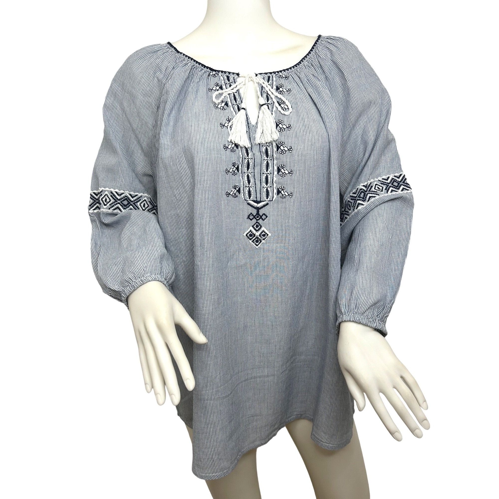 Other Westport Blouse 1X Blue White Peasant Boho Long Sleeve Embro Size XL / US 12-14 / IT 48-50 - 1 Thumbnail