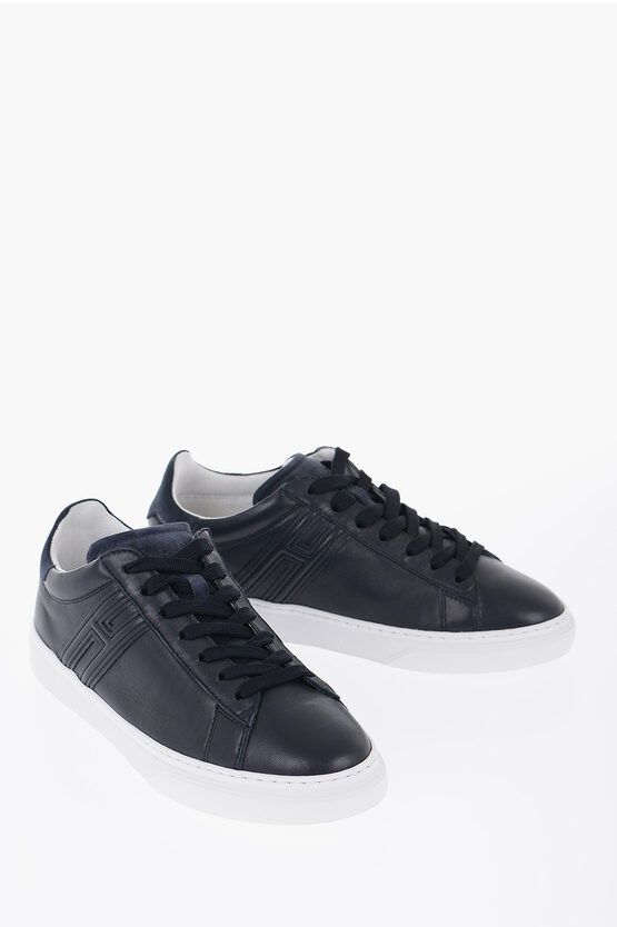 image of Hogan Solid Color Leather Low-Top Sneakers With Suede Detail in Midnight Blue, Men's (Size 11)