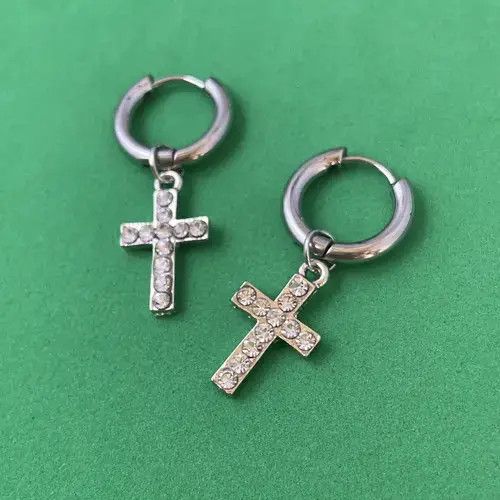 Designer × Jewelry 925 Silver Plated Cross Dangle Drop Earrings for Men Women Size ONE SIZE - 2 Thumbnail