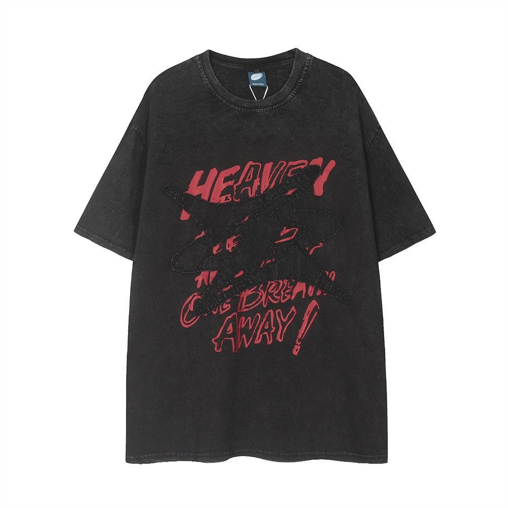 image of Patchwork T Shirt, Embroidered Graphic T Shirt, Y2K Tee in Black/Red, Men's (Size Medium)
