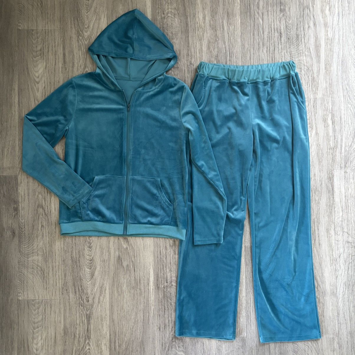 Velour Teal Track Suit Soft Cotton Blend Zip up Jacket Pants M Size M / US 6-8 / IT 42-44 - 1 Thumbnail