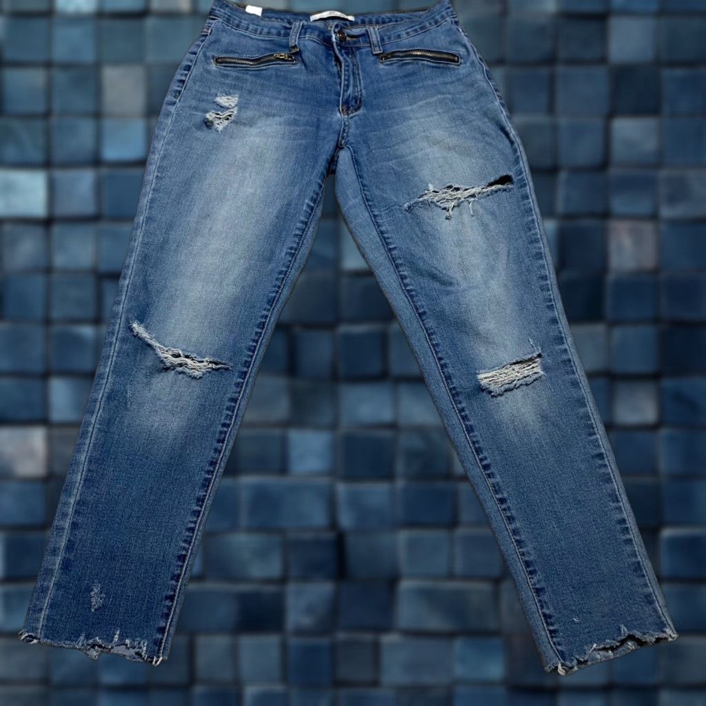 Vintage Kancan Womens Jeans 28 Blue Denim Skinny Mid Rise Distressed Jeans Women XS-28 Medium Wash Size 28" / US 6 / IT 42 - 1 Thumbnail