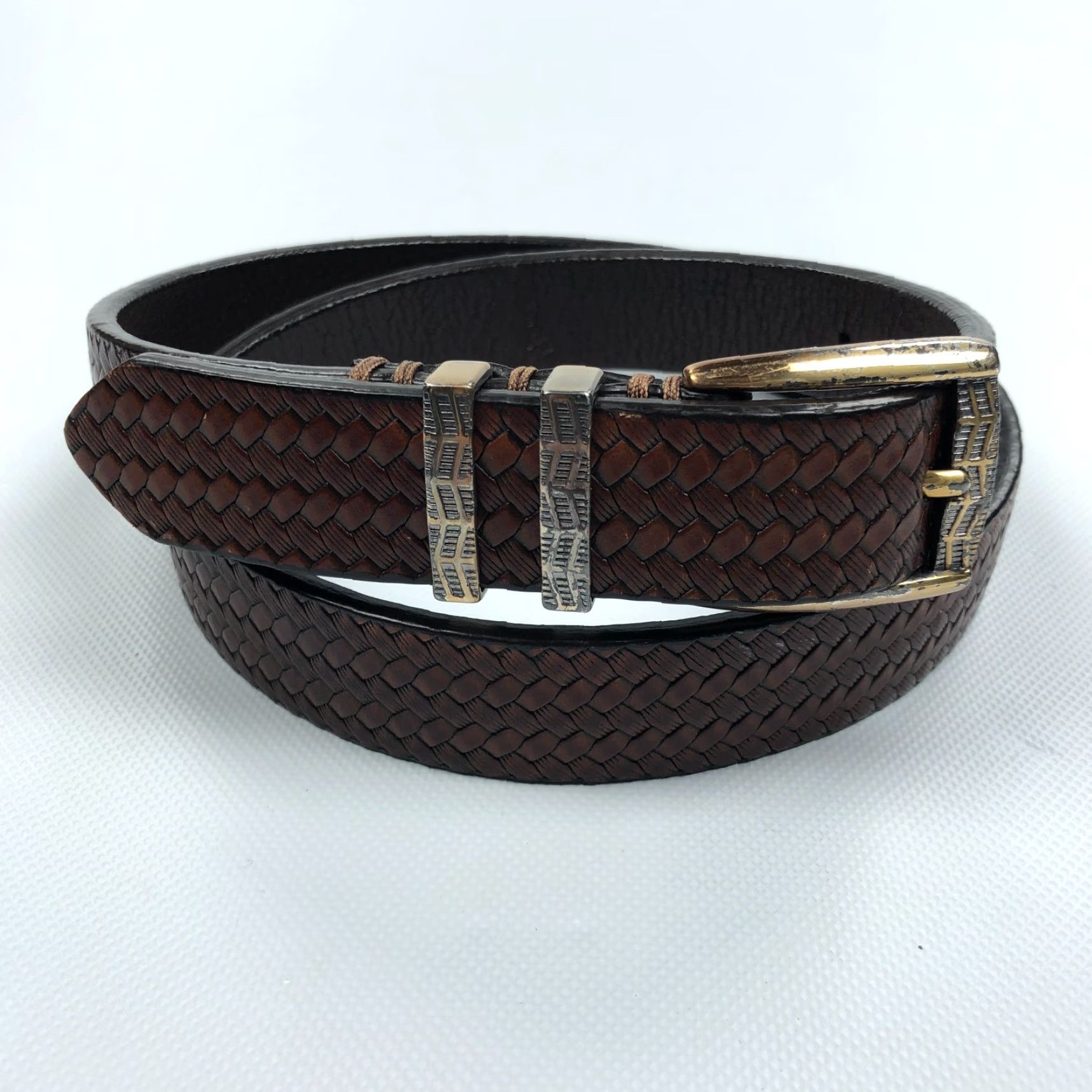 Vintage Leather Island Belt Belt by Bill Lavin Brown 36 Basket Weave Brass Buckle Dress Mens Size 36 - 2 Thumbnail