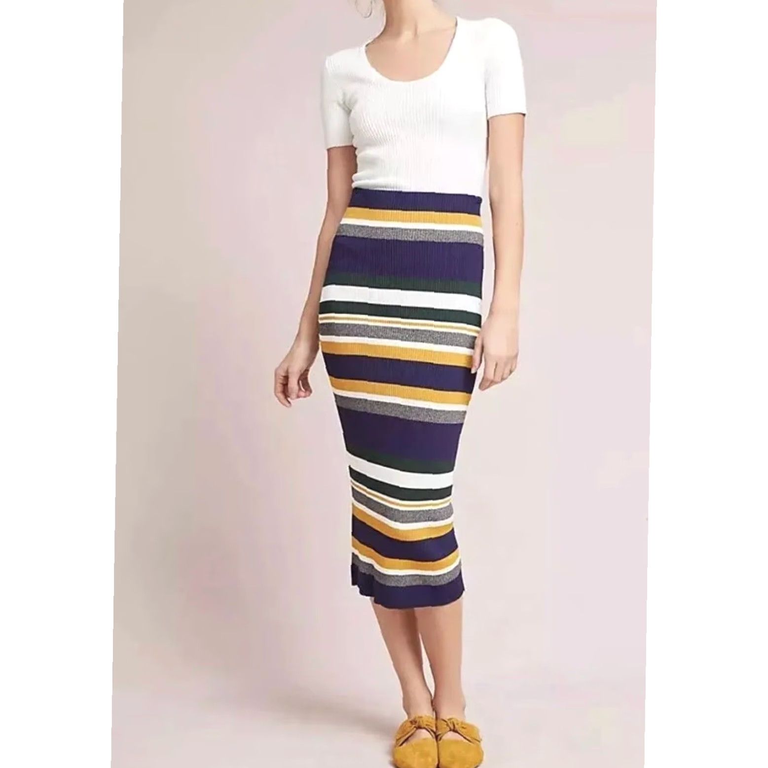 Vintage Callahan Greenwich navy blue yellow striped ribbed knit midi skirt S Women Regular MIDI Skirt Striped Knit Spring Girls Mens Size 28" / US 6 / IT 42 - 8 Thumbnail