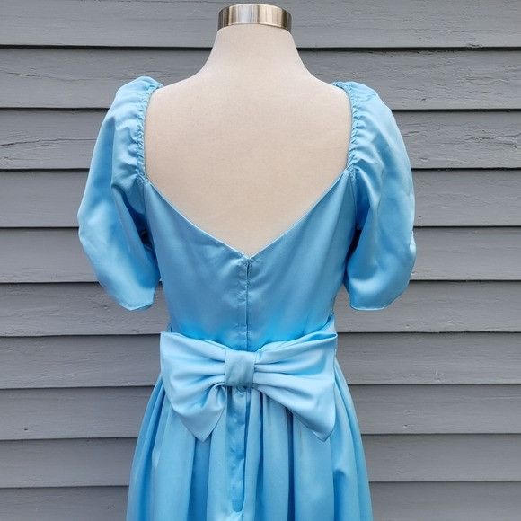 Vintage Vintage 80s Retro Pin Up Girl Blue Satin Puffed Sleeves Maxi Size S / US 4 / IT 40 - 3 Thumbnail