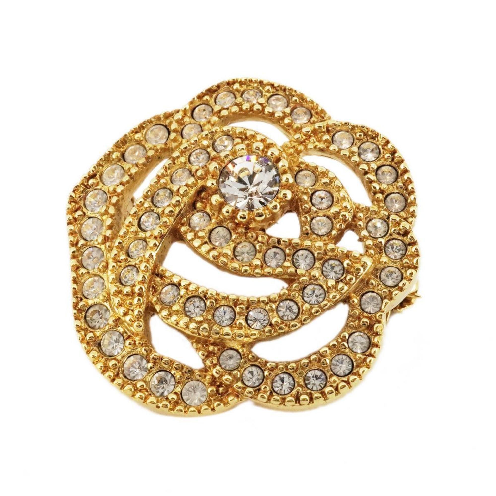 image of Christian Dior Brooch Flower Motif Rhinestone Gp Plated Gold Women's