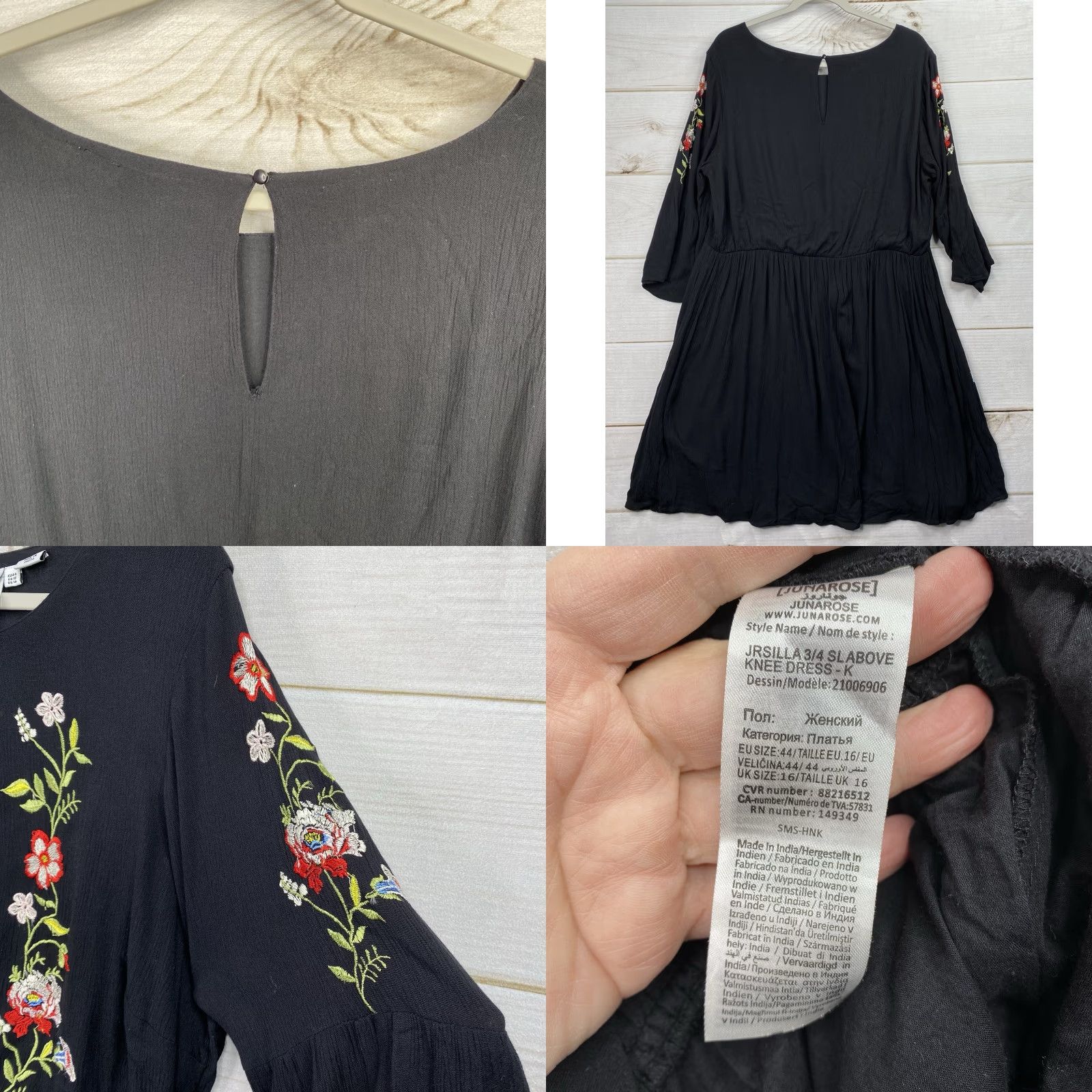 Vintage JUNAROSE Dress Knee Length Floral Embroidered Bell Sleeve A-Line Black 14 Womens Bohemian Size XL / US 12-14 / IT 48-50 - 8 Thumbnail