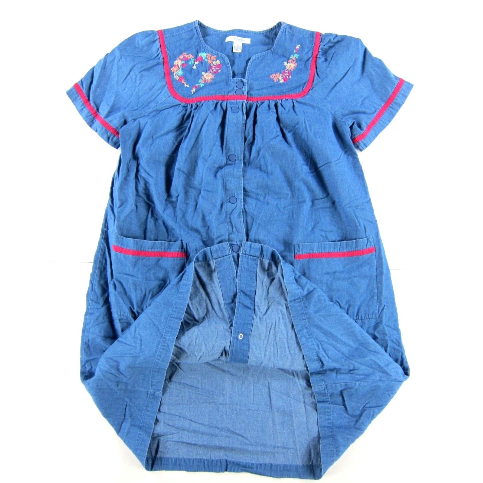 Denime VINTAGE Go Softly Patio Cotton Blue Denim Pink Floral Embroidered Pocket Dress S Size S / US 4 / IT 40 - 6 Thumbnail