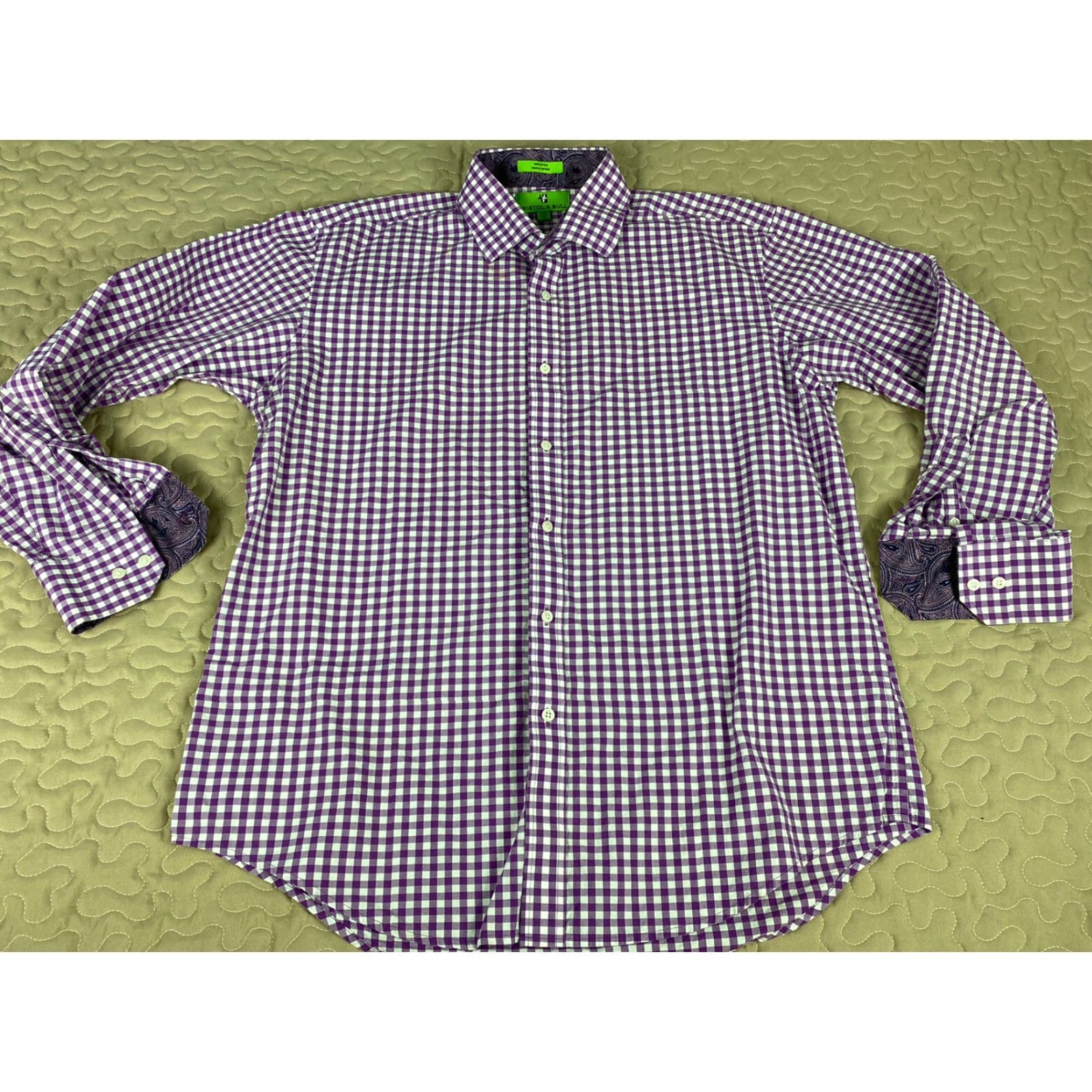 Vintage VINTAGE Bristol & Bull Button-Down Dress Shirt Purple Checkered Paisley XL 17.5 34/35 Mens Chest 25in Pit to Pit 31.25in Shoulder to Bottom Size 48R - 2 Thumbnail