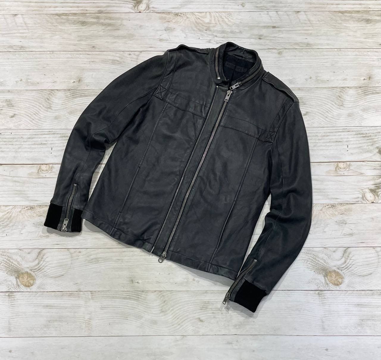 image of Vintage Allsaints Leather Jacket Biker Moto Racing Man Y2K in Black, Men's (Size XL)